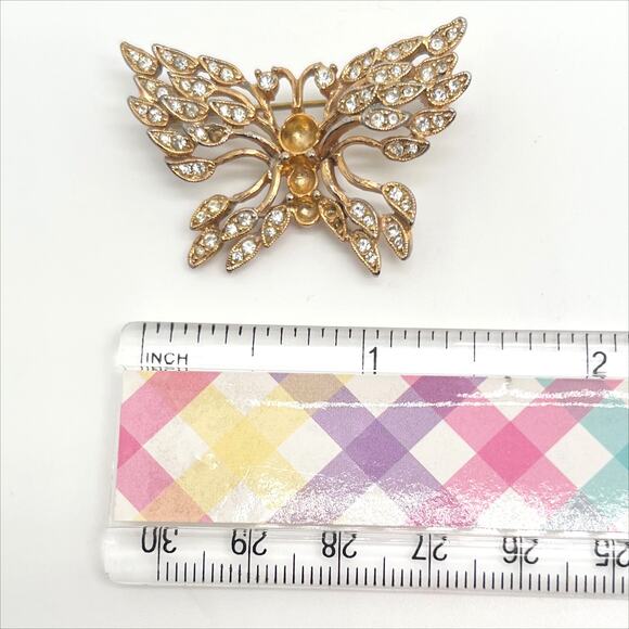 Vintage 80s Gold Tone Rhinestone Butterfly Brooch Pin - Picture 3 of 3